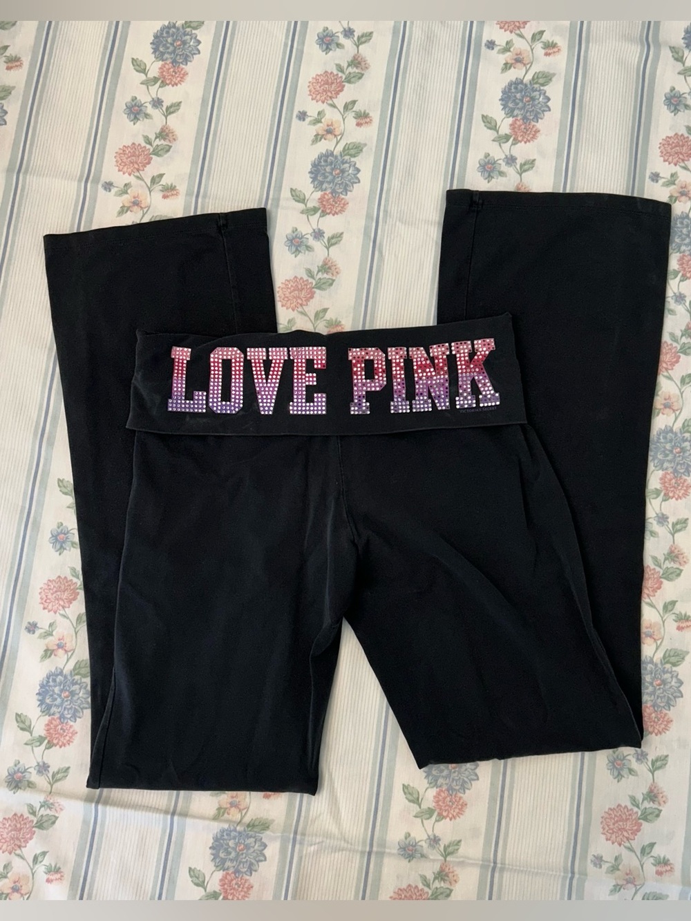 Black Flare Leggings w Pink + Purple Rhinestone Foldover Victoria’s Secret PINK